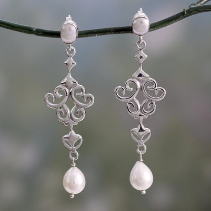 Ode to Fantasy Shiny Sterling Silver Earrings with White Pearls from India