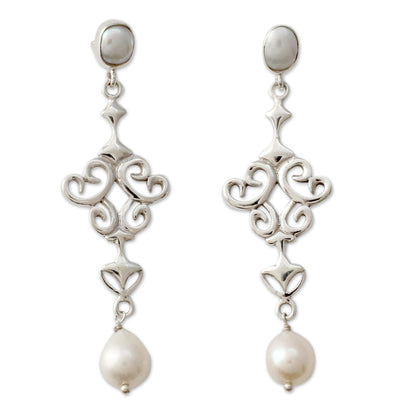 Ode to Fantasy Shiny Sterling Silver Earrings with White Pearls from India