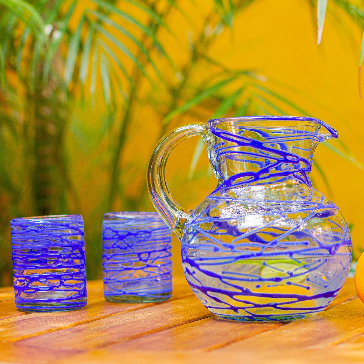 Sapphire Swirl Blown Glass Blue Pitcher 84 oz Hand Blown in Mexico