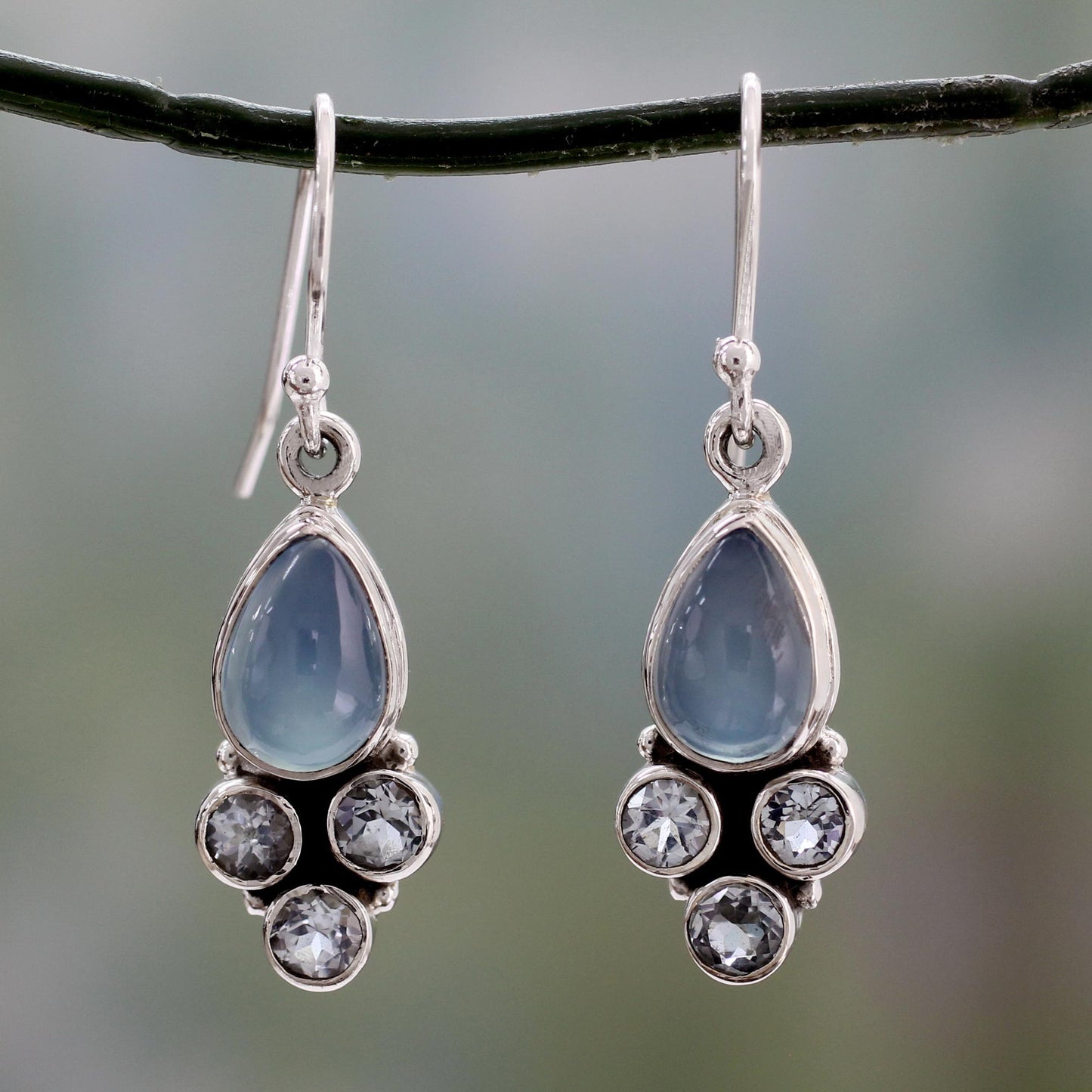 Dream Meadow Fair Trade Chalcedony and Blue Topaz Silver Dangle Earrings