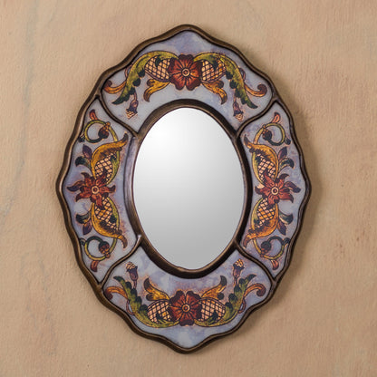 White Colonial Wreath Aged White Reverse Painted Glass Wall Mirror from Peru