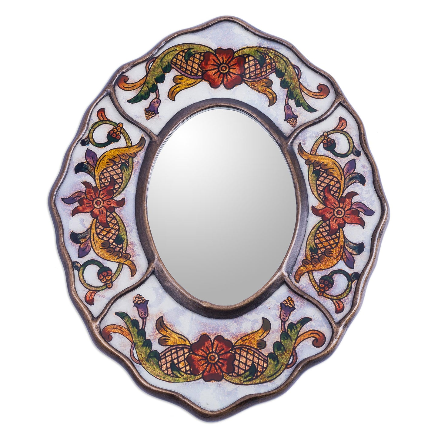 White Colonial Wreath Aged White Reverse Painted Glass Wall Mirror from Peru