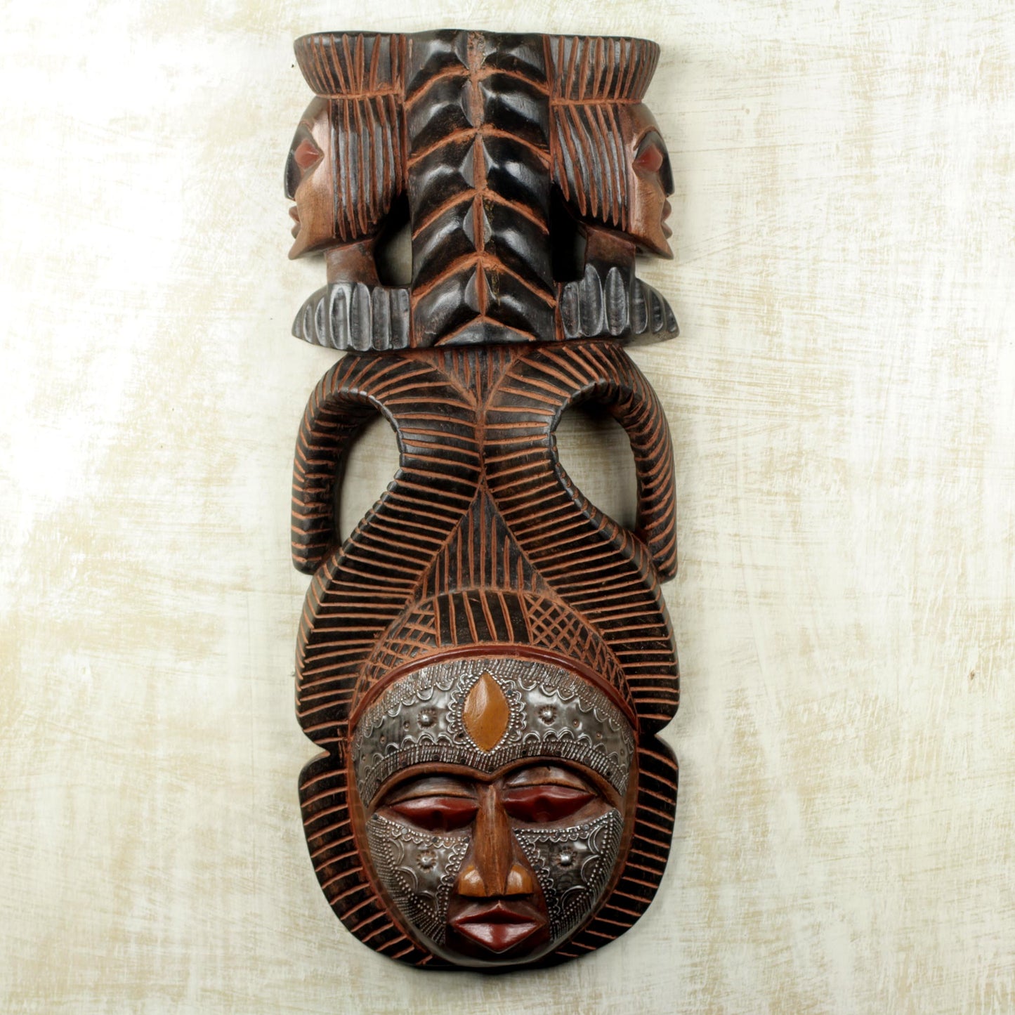 Vigilant Woman Artisan Hand Carved Authentic African Mask with Repousse