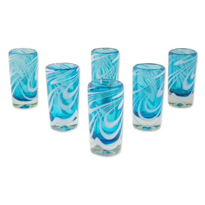 Whirling Aquamarine 6 Hand Blown Shot Glasses in Blue and White from Mexico