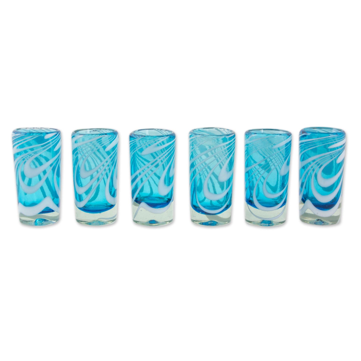 Whirling Aquamarine 6 Hand Blown Shot Glasses in Blue and White from Mexico