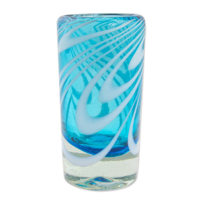 Whirling Aquamarine 6 Hand Blown Shot Glasses in Blue and White from Mexico