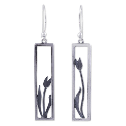 Tulip in the Window Modern Artisan Crafted Framed Tulip Silver Earrings