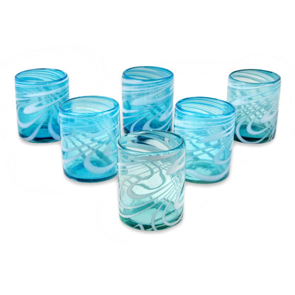 Whirling Aquamarine 6 Mexican Hand Blown 11 oz Rock Glasses in Aqua and White