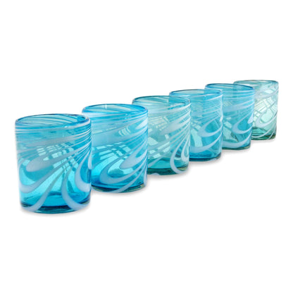 Whirling Aquamarine 6 Mexican Hand Blown 11 oz Rock Glasses in Aqua and White