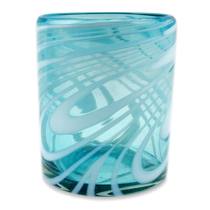 Whirling Aquamarine 6 Mexican Hand Blown 11 oz Rock Glasses in Aqua and White