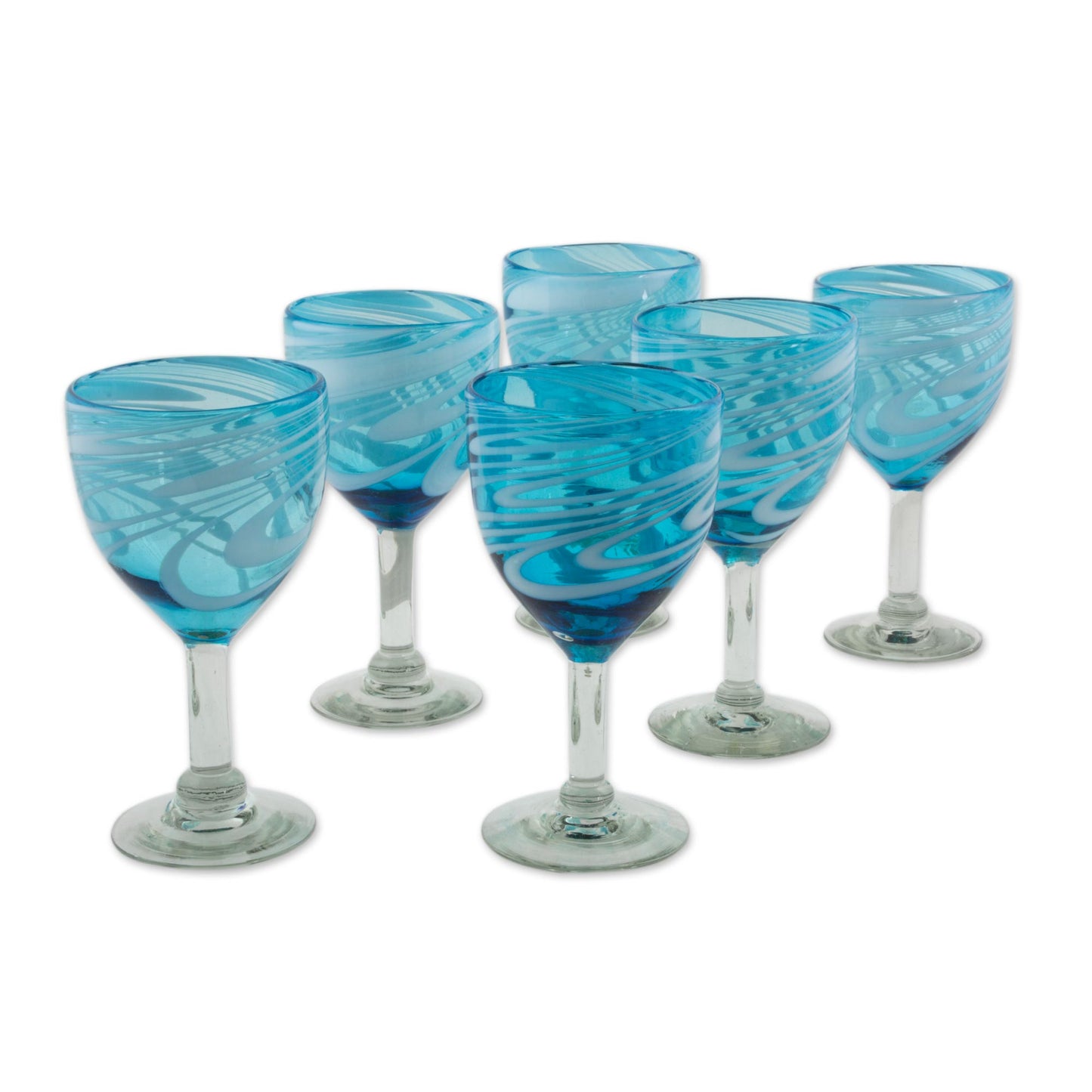 Whirling Aquamarine 6 Hand Blown Wine Glasses in Aqua and White from Mexico