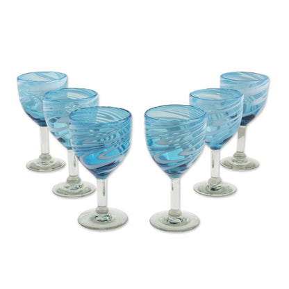 Whirling Aquamarine 6 Hand Blown Wine Glasses in Aqua and White from Mexico