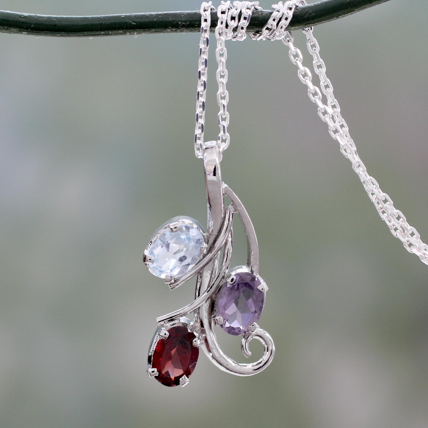 Trio of Delight Amethyst Blue Topaz and Garnet Pendant Necklace