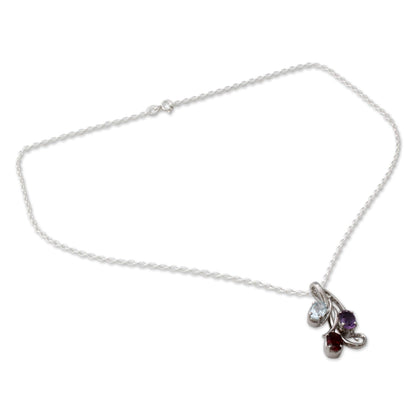 Trio of Delight Amethyst Blue Topaz and Garnet Pendant Necklace