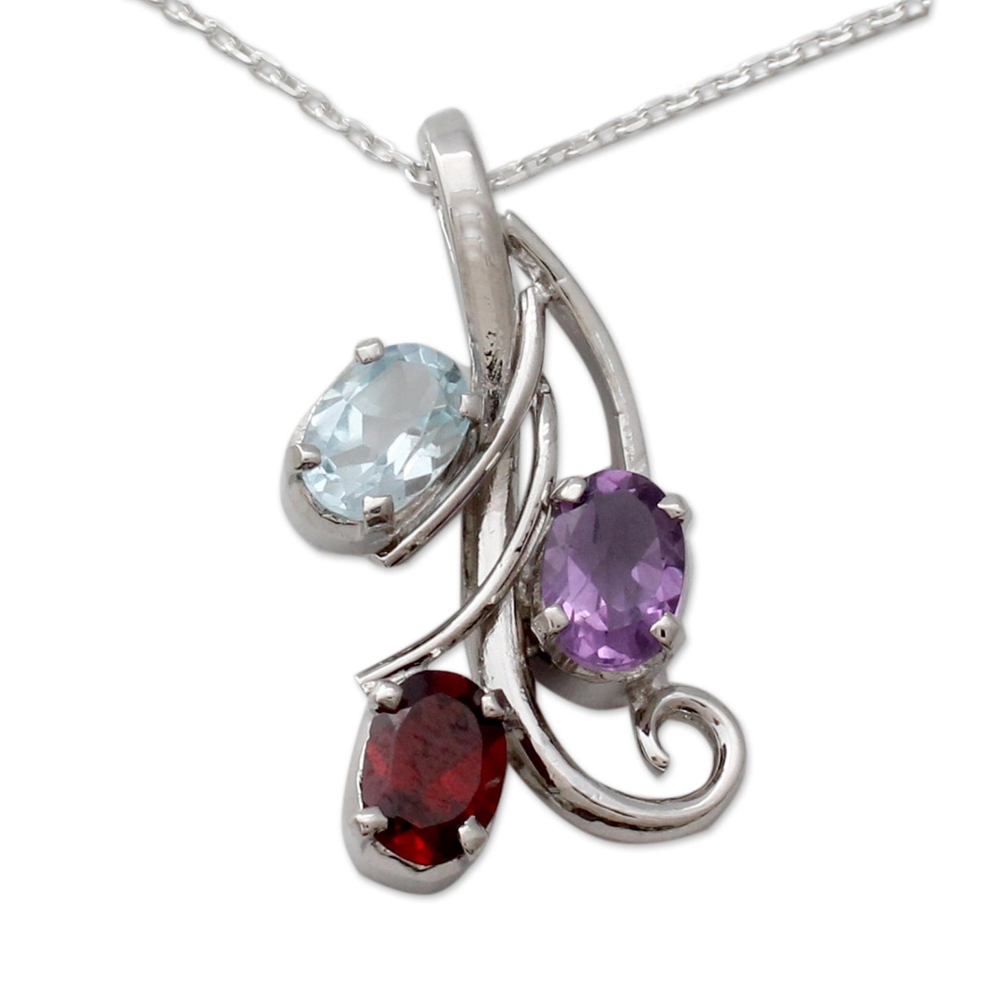 Trio of Delight Amethyst Blue Topaz and Garnet Pendant Necklace