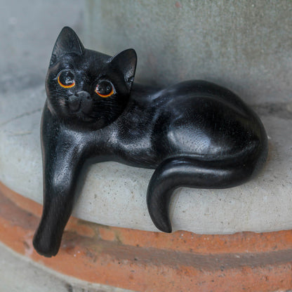 Watchful Black Cat Hand Carved Wooden Cat Sculpture with Black Finish