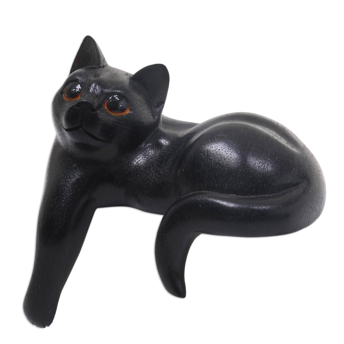 Watchful Black Cat Hand Carved Wooden Cat Sculpture with Black Finish