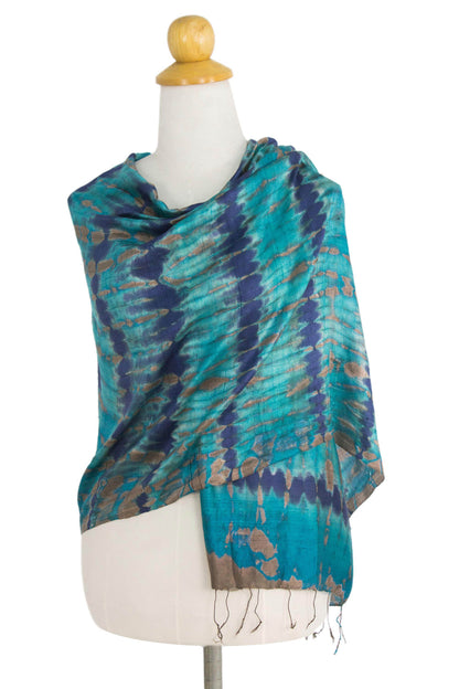Teal Reflecting Pools Thai Artisan Crafted Teal and Blue Tie Dyed Silk Shawl
