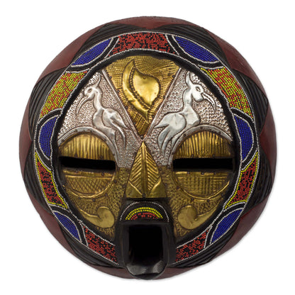 Promise of Prosperity Bead and Brass Repousse African Wall Mask with Animal Motifs