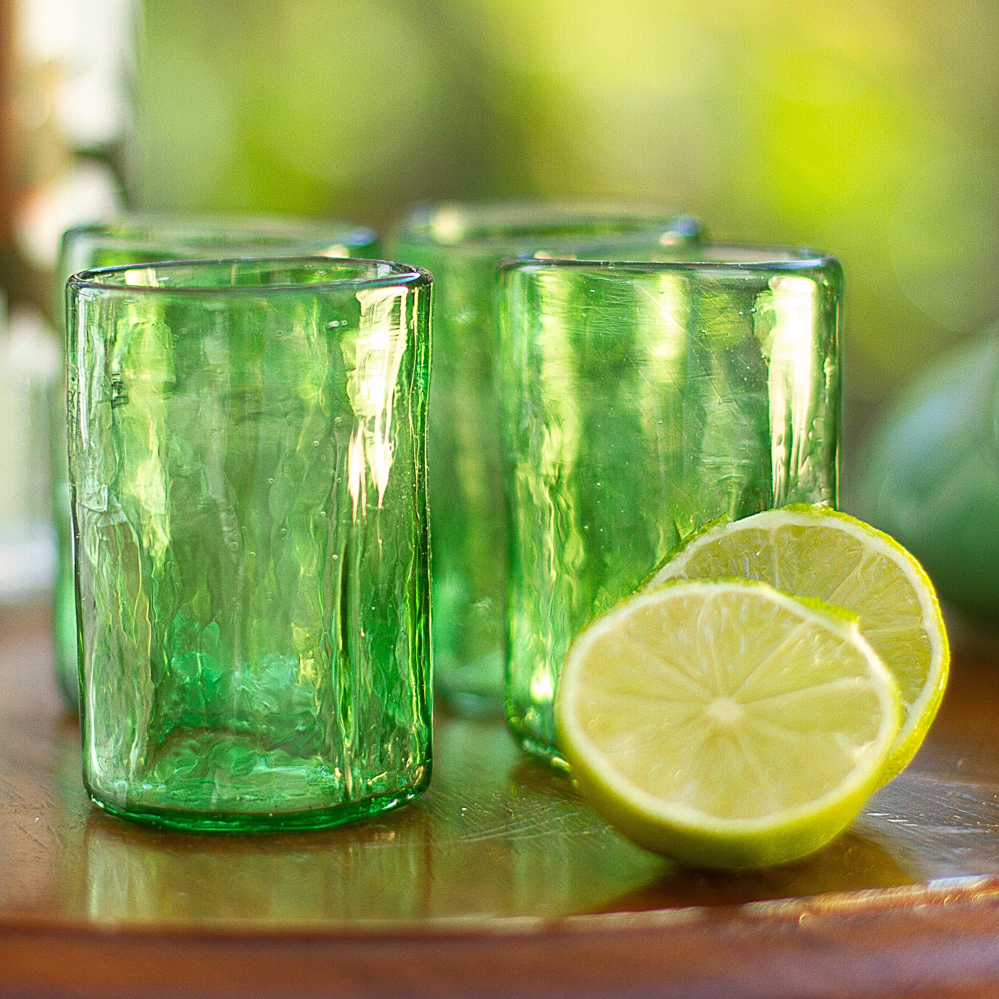 NOVICA Green Mist Set of 4 Artisan Crafted Blown Glass Green Tumblers ...