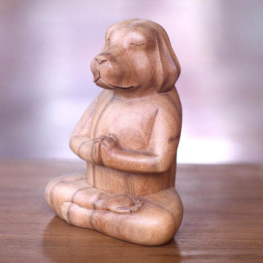 Meditating Puppy Brown Wood Puppy Sculpture in Whimsical Yoga Pose