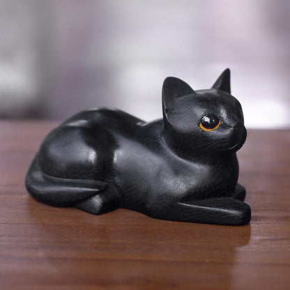 Stay Calm Black Cat Artisan Crafted Black Cat Sculpture from Indonesia