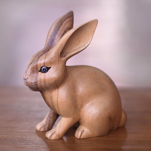 Cute Ginger Rabbit Fair Trade Hand Carved Wooden Rabbit Statuette