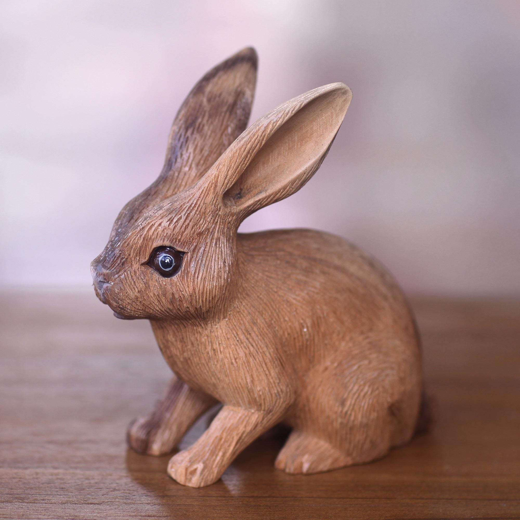 NOVICA Long-Haired Ginger Rabbit Wooden Rabbit Statuette Carved by Hand ...