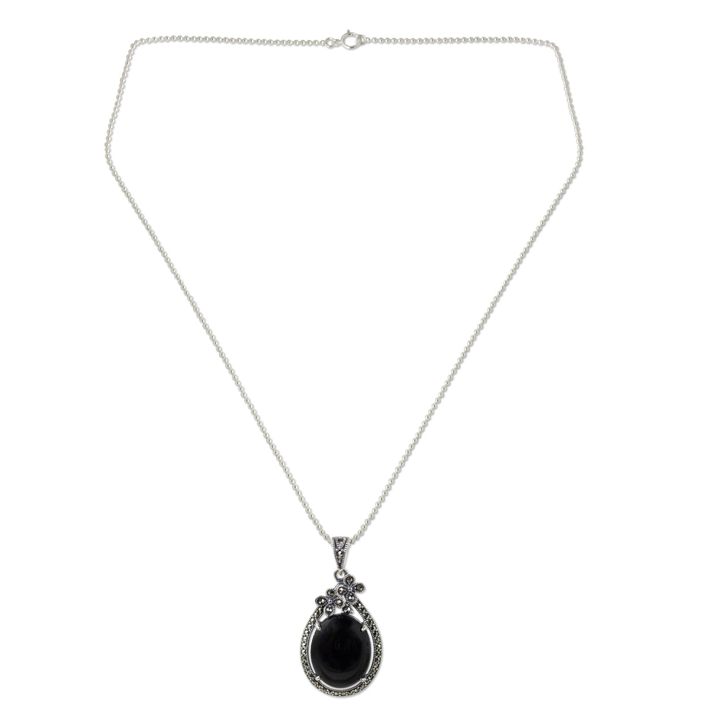 Midnight Daisies Sterling Silver Flower Necklace with Onyx and Marcasite