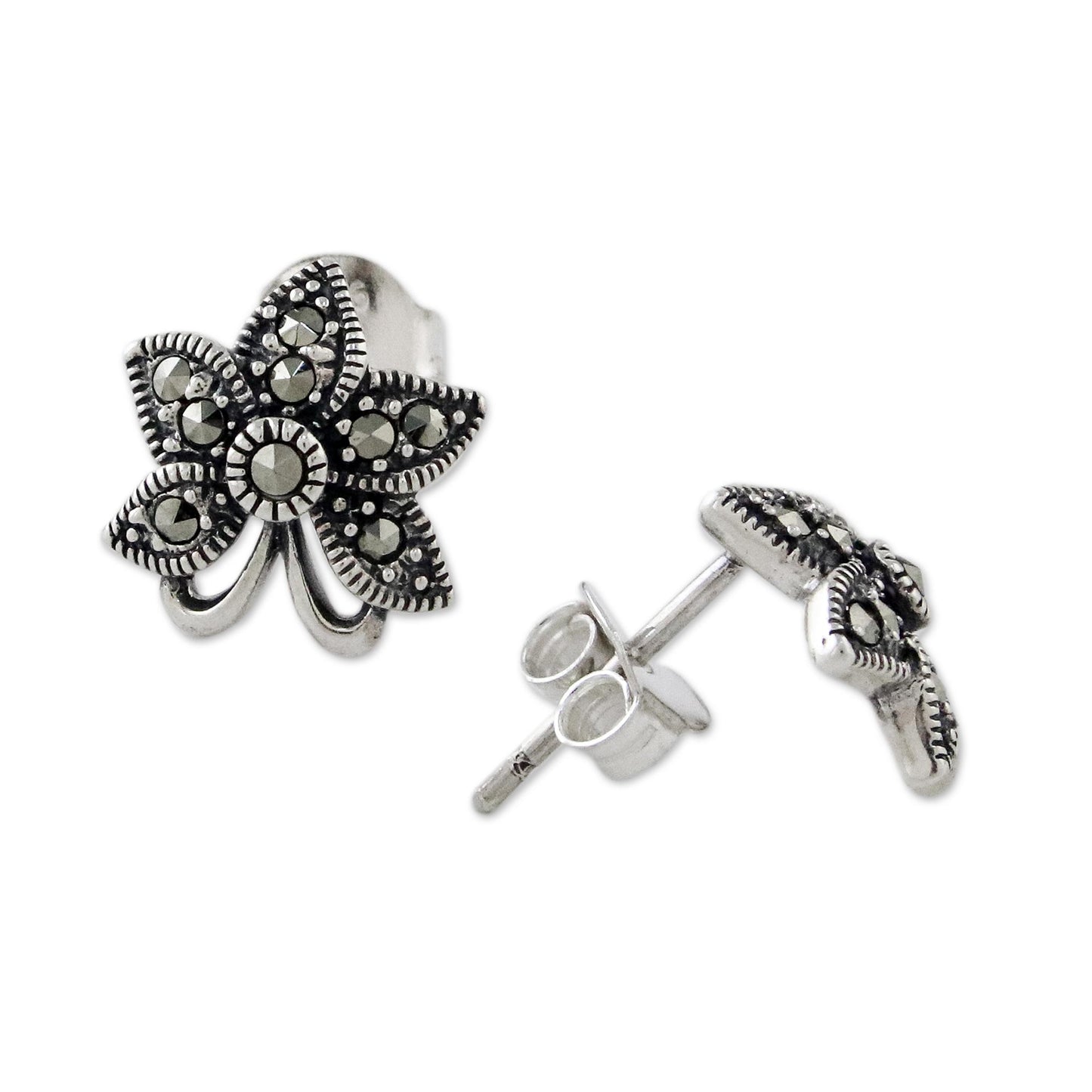 Dewkissed Orchids Sterling Silver Orchid Flower Earrings with Marcasite