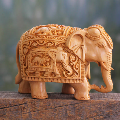 Peace and Harmony Meticulously Carved Wood Elephant Sculpture from India