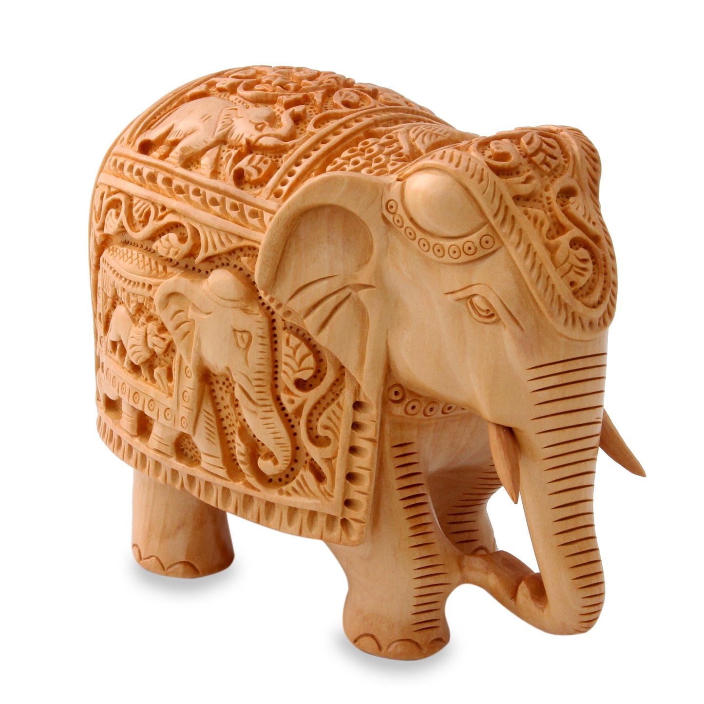 Peace and Harmony Meticulously Carved Wood Elephant Sculpture from India