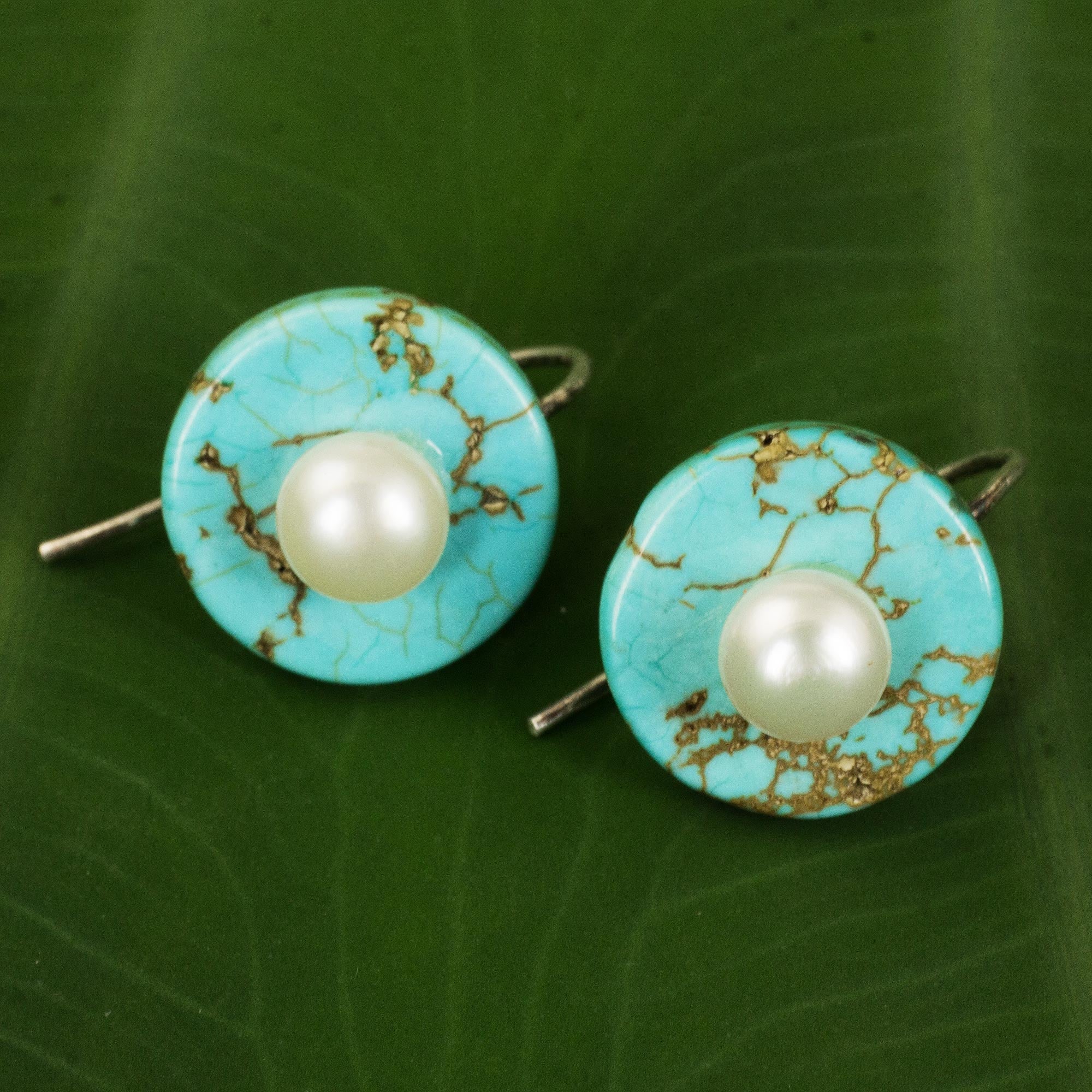 NOVICA Bohemian Moon Turquoise Color Calcite Earrings with Cultured ...
