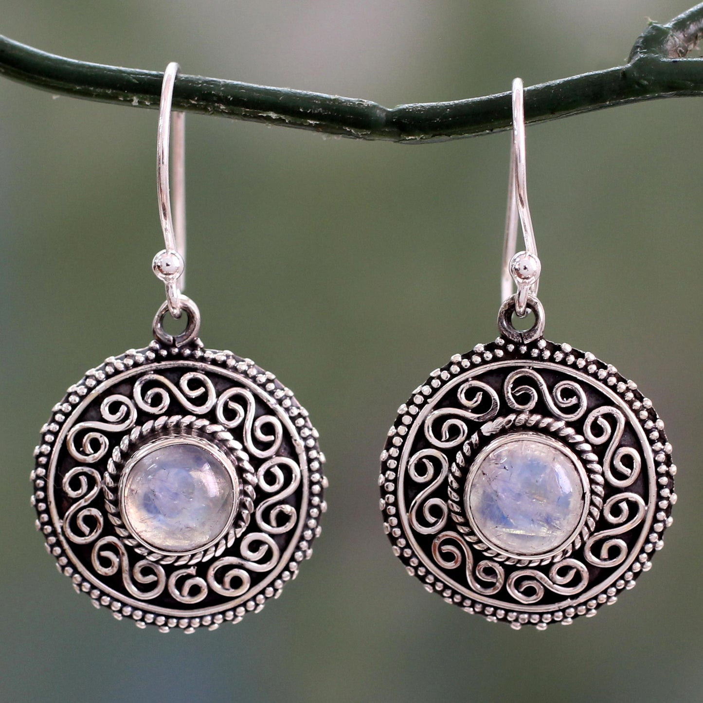 Moonlight Mandala Rainbow Moonstone Earrings with Oxidized Silver Accents