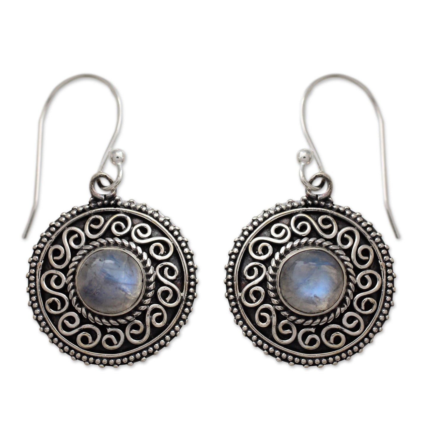 Moonlight Mandala Rainbow Moonstone Earrings with Oxidized Silver Accents