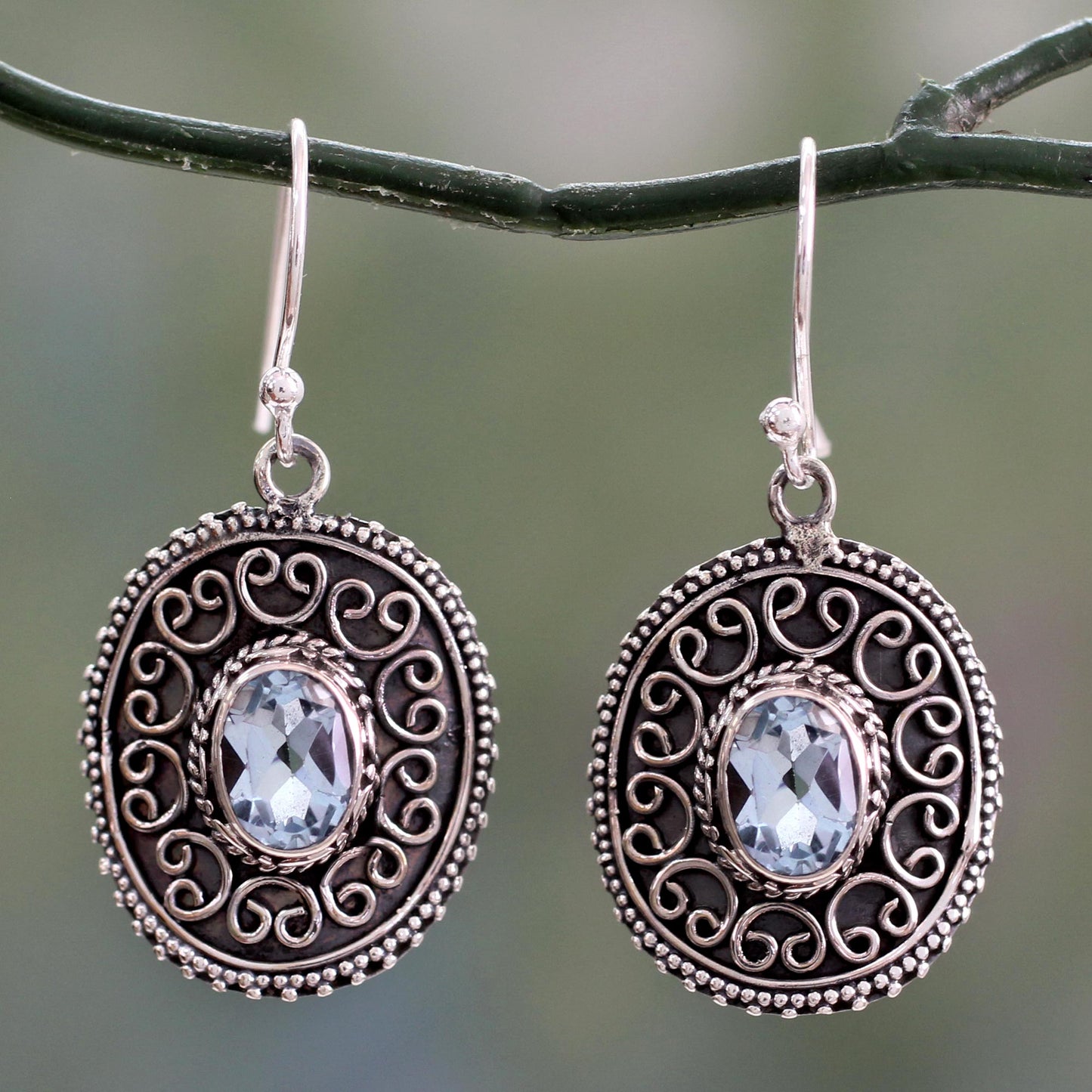 Ornate Shield Sterling Silver Dangle Earrings with Oval Blue Topaz Gems