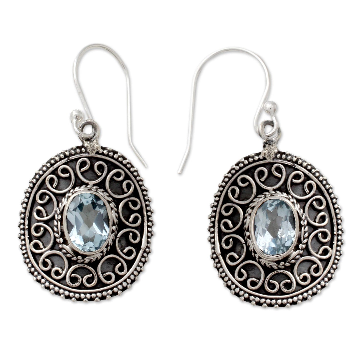 Ornate Shield Sterling Silver Dangle Earrings with Oval Blue Topaz Gems