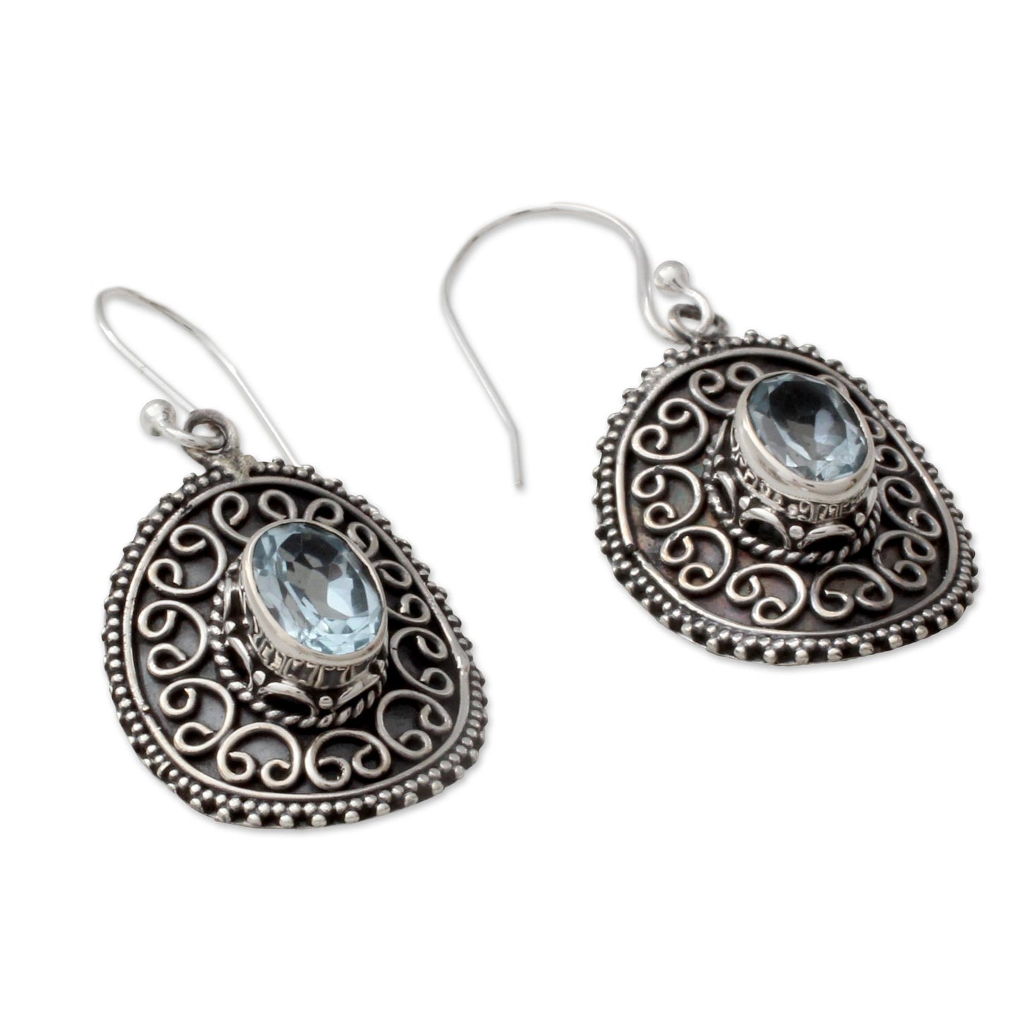 Ornate Shield Sterling Silver Dangle Earrings with Oval Blue Topaz Gems