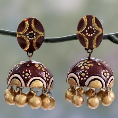 Chocolate Kiss Artisan Crafted Brown and Gold Ceramic Dangle Earrings