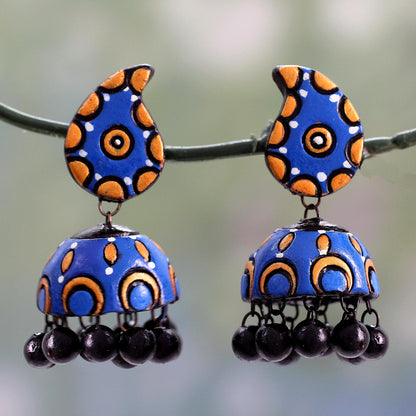 Blue Paisley Handmade Ceramic Dangle Earrings in Blue and Orange