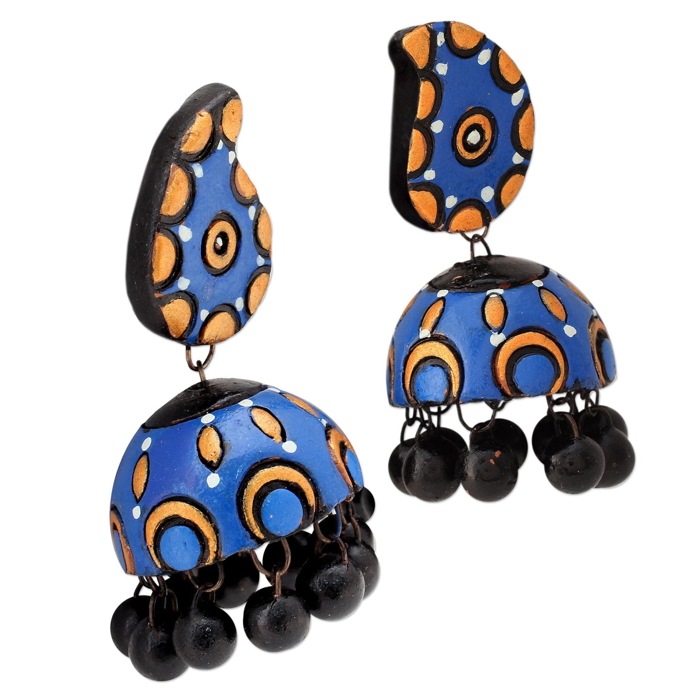 Blue Paisley Handmade Ceramic Dangle Earrings in Blue and Orange