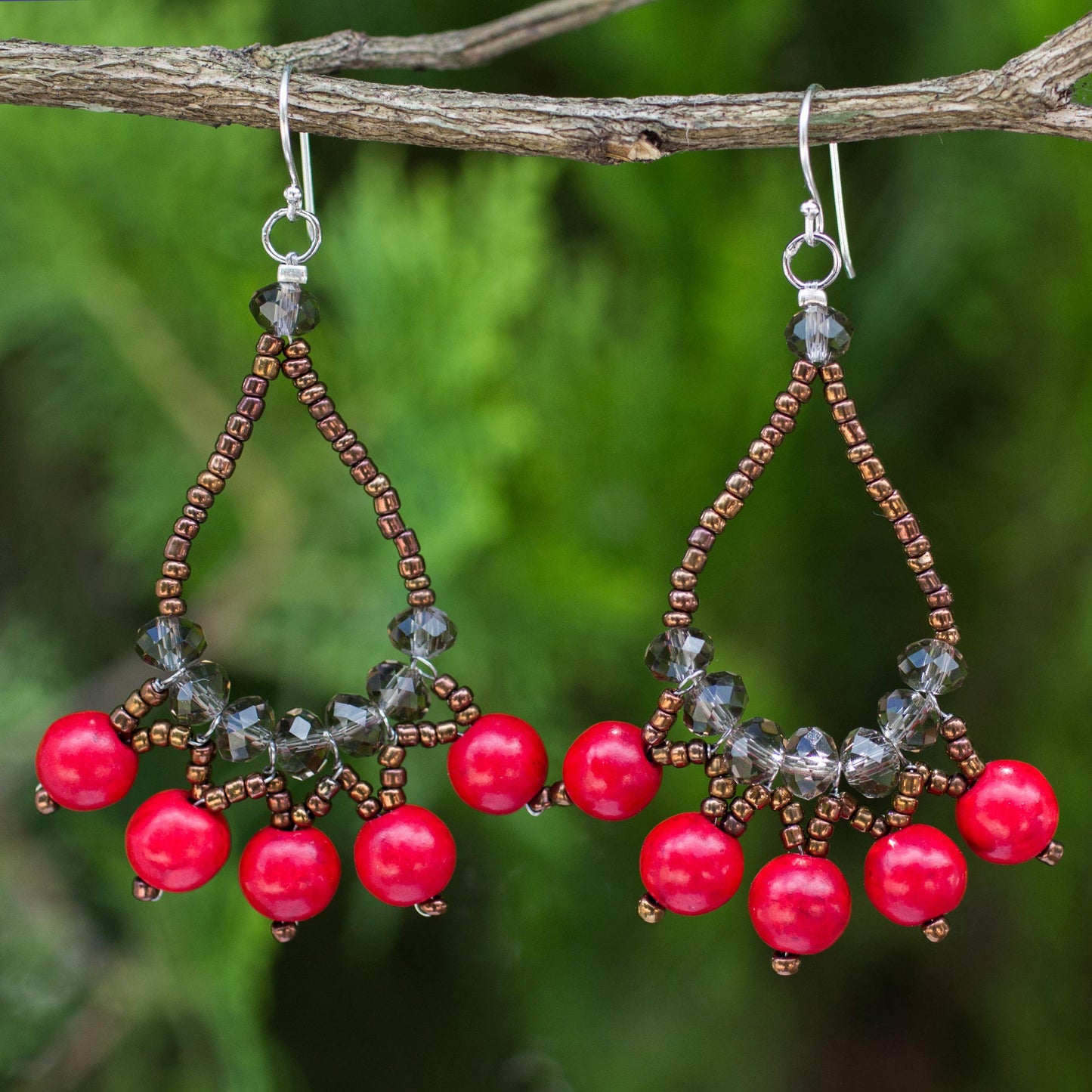 Red Harmony Artisan Crafted Brown Red Beaded Silver Hook Earrings