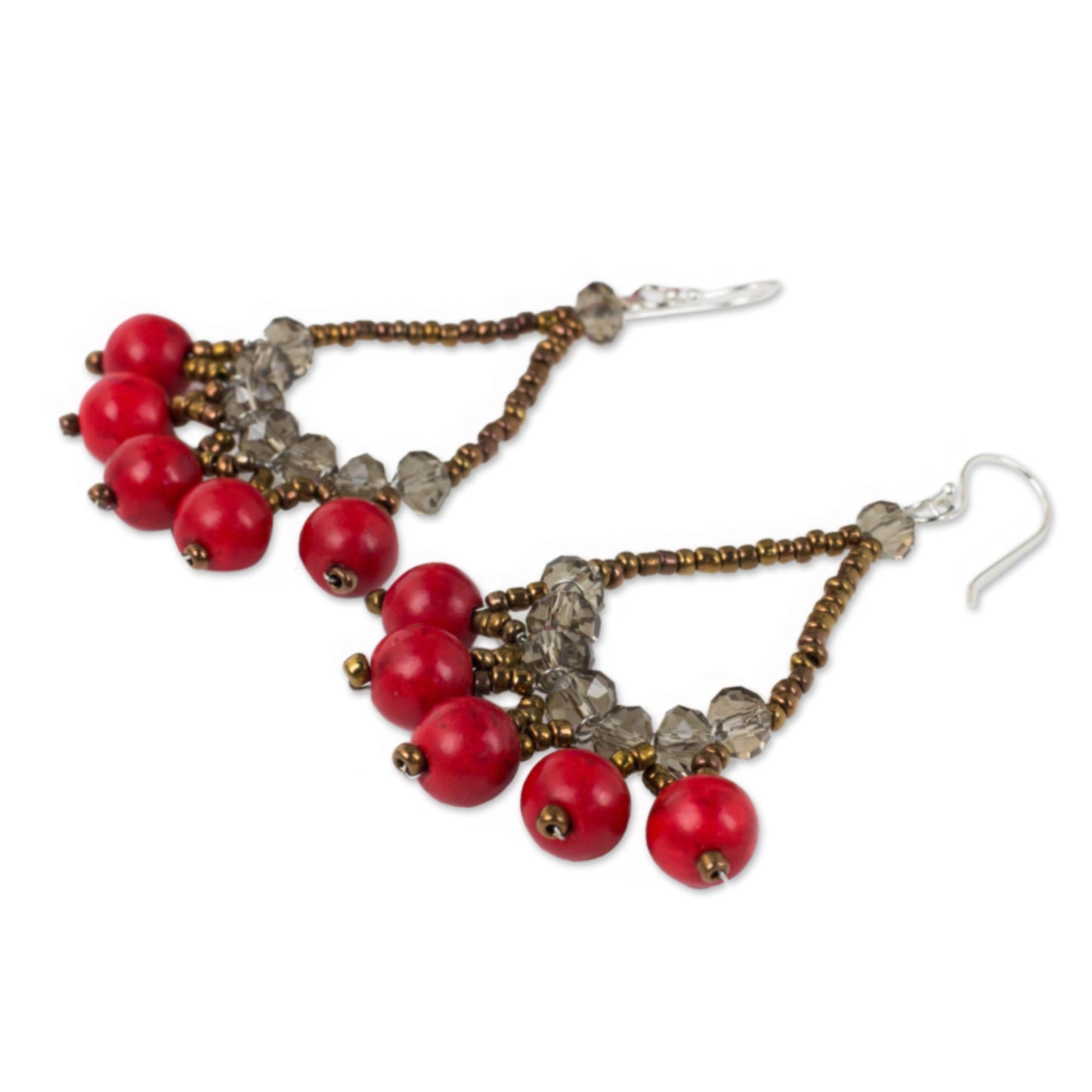 Red Harmony Artisan Crafted Brown Red Beaded Silver Hook Earrings