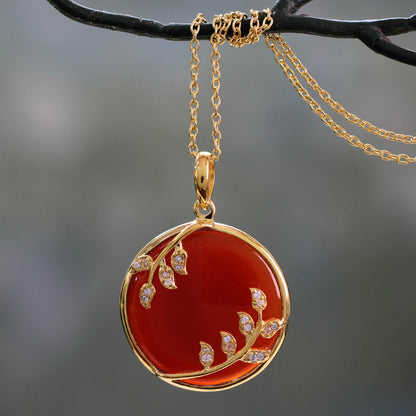 Red Dewdrop Nature Handcrafted Gold Vermeil Necklace with Red Onyx and CZ