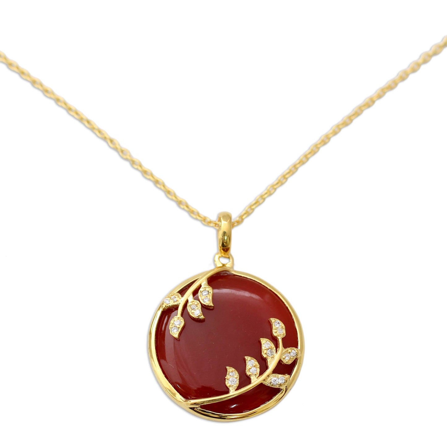 Red Dewdrop Nature Handcrafted Gold Vermeil Necklace with Red Onyx and CZ