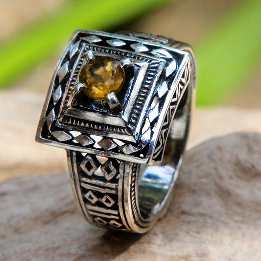 Ayung Terraces Artisan Crafted Engraved Sterling Silver and Citrine Ring