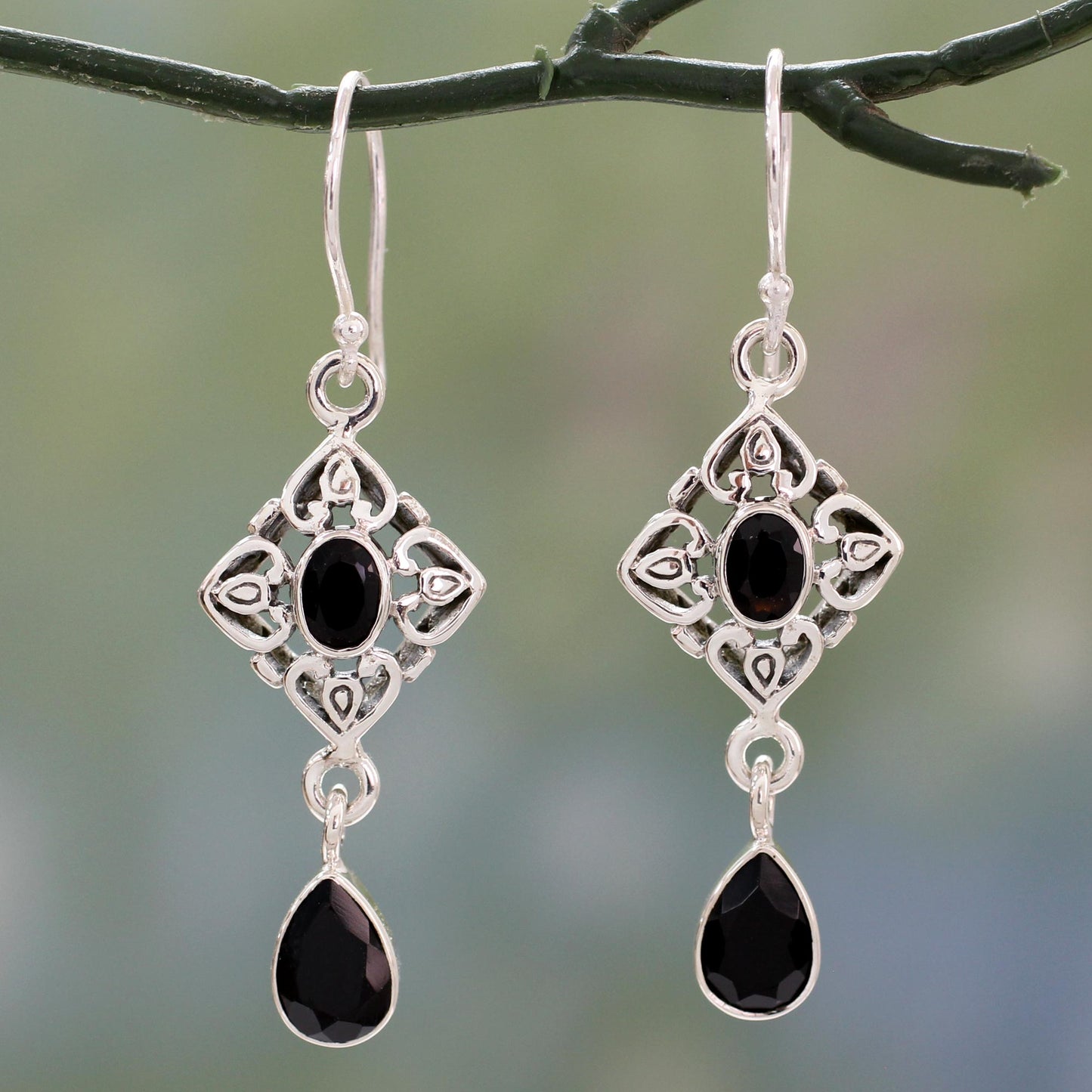 Regal in Black Ornate Black Onyx and Sterling Silver Dangle Style Earrings