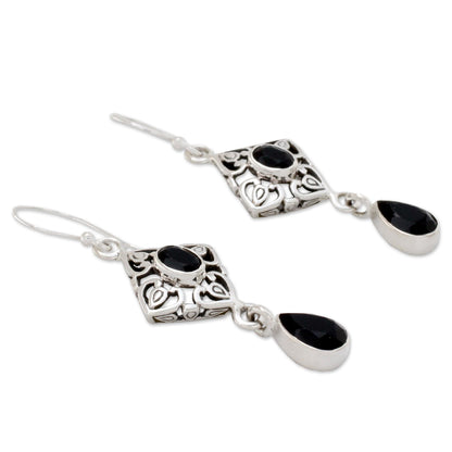 Regal in Black Ornate Black Onyx and Sterling Silver Dangle Style Earrings