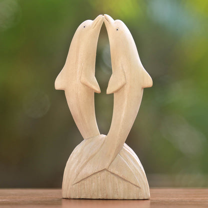 Jumping Dolphins Natural Finish Hibiscus Wood Statuette of Jumping Dolphins