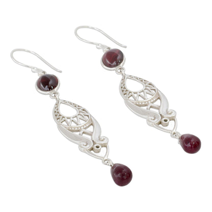 Mughal Mystery Long Ruby and Garnet Earrings in Sterling Silver from India